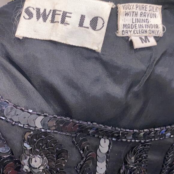 Vintage 80's black silk/bead/sequin midi shift dress shark tooth hem size Medium - Picture 2 of 13